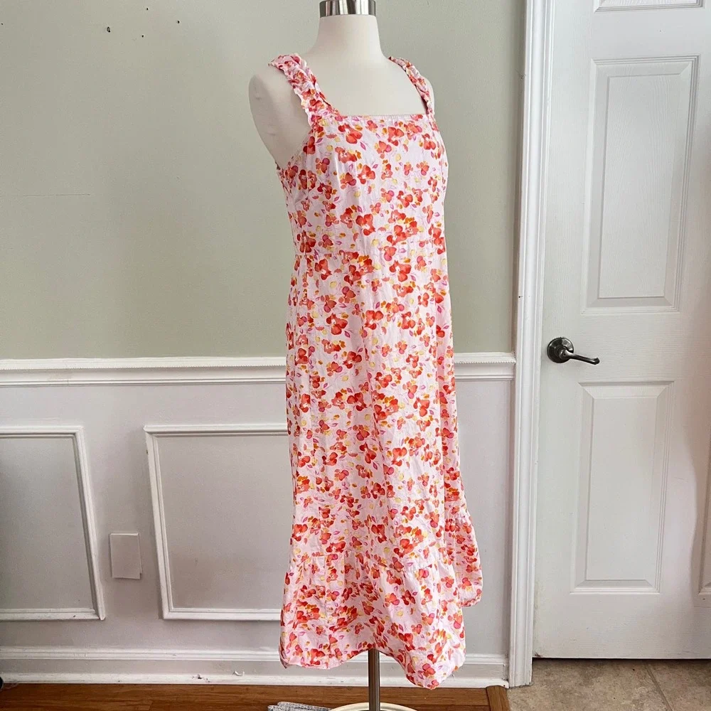 Floral Midi Dress Womens‎ PM or S/M Ruffle Strap Cotton Pink Orange  Sundress